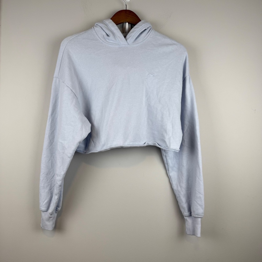 Y2K Hollister Cropped Hoodie Women XS Baby Blue Raw Rolled Hem Sweatshirt Casual
